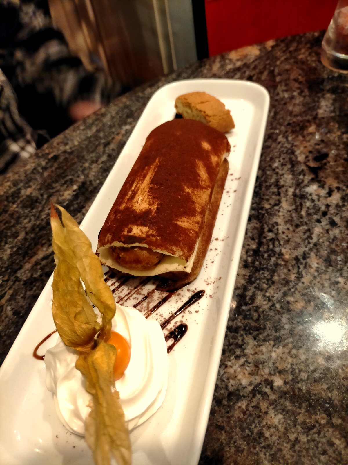 Tiramisu, dusted with cocoa